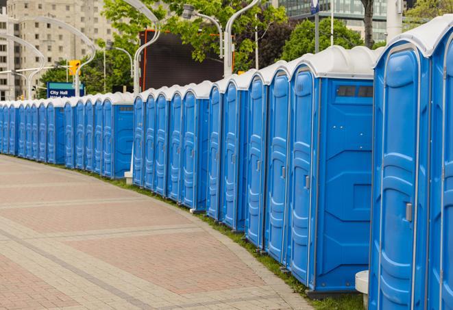 portable restrooms lined up at a marathon, ensuring runners can take a much-needed bathroom break in Blooming Grove NY